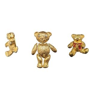 Gold Tone Teddy Bear Brooch Pin Lot Of 3 With Rhinestone Eyes Articulated Design